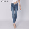 Srpedro Women Skinny Jeans Mid Waist Full Length Pencil Pants Slim Scratched  Classic Blue Stretch Denim Trousers
