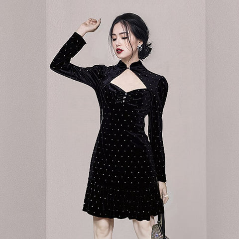 Stain mini black Dress one piece korean ladies long Sleeve cabaret party Sexy formal Dresses for women