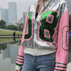 Stand Collar Sequins Gauze Jacket Number 08 Contrast Color Beading Baseball Coat Zipper Cardigan Long-sleeved Dance Tops 2022