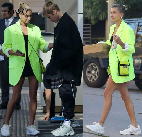 Star Hailey Bieber The Same Fluorescent Green Casual Trend Suit Coat Women's 2023 Autumn Single-Breasted Jacket Blazer
