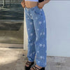 Star Pattern Straight Jeans Women Ladies Wild Stylish Trendy Wide Leg Pants High Waist Daily Casual Trousers with Pocket