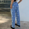 Star Pattern Straight Jeans Women Ladies Wild Stylish Trendy Wide Leg Pants High Waist Daily Casual Trousers with Pocket