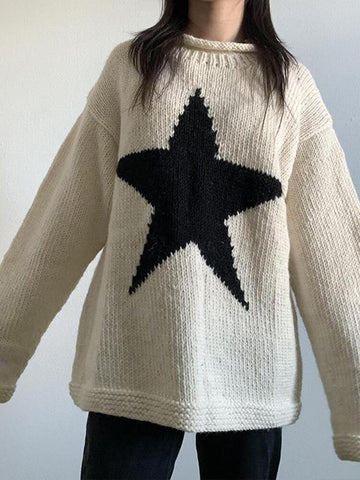 Star Pattern Winter Pullover Women Casual Loose Knitted Sweater White Long Sleeve Knitwear Female O-Neck Warm Jumper