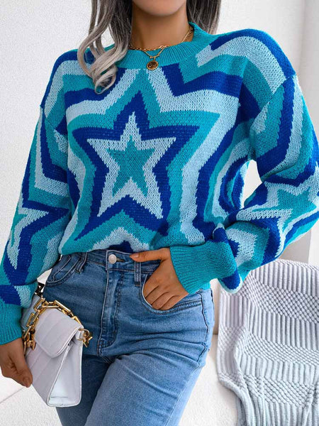 Star Pattern Winter Sweater Women Casual Contrast Knitted Pullover Y2K Long Sleeve Knitwear Female Loose Warm Jumper