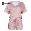 Stars Print Short Sleeve V Neck T Shirt Tops & Pocket Design Drawstring Shorts Set Women Two Piece Set Loungewear