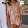 Stars Print Short Sleeve V Neck T Shirt Tops & Pocket Design Drawstring Shorts Set Women Two Piece Set Loungewear
