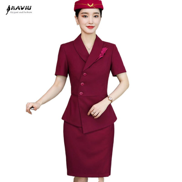 Stewardess Uniform Career Women Professional Suits Summer Temperament Slim Formal Blazer And Skirt Office Ladies Work Wear