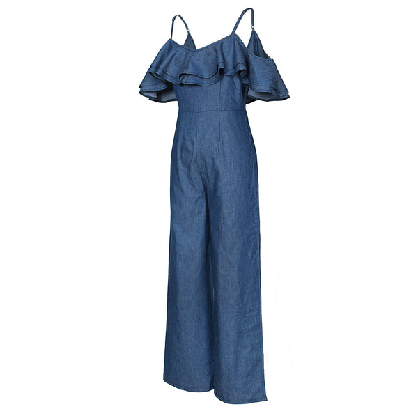 Wide Leg Jumpsuit Women Spaghetti Strap Denim Jumpsuit Overalls Ruched Casual Loose Jumpsuit Jeans Ladies Sexy Romper