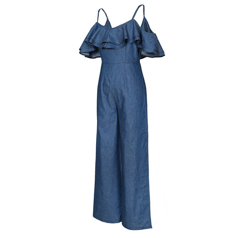 Wide Leg Jumpsuit Women Spaghetti Strap Denim Jumpsuit Overalls Ruched Casual Loose Jumpsuit Jeans Ladies Sexy Romper