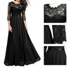 Stitching Lace Hollow Women Dress Pleated Large Hem O Neck 3/4 Sleeve A-Line Long Dress Ladies Clothing Party dresses Black xxl