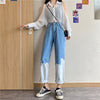 Straight Jeans Women Chic Panelled Colored Trendy Harajuku Teens High Waisted Jean All-match Basic Fall Ladies Streetwear