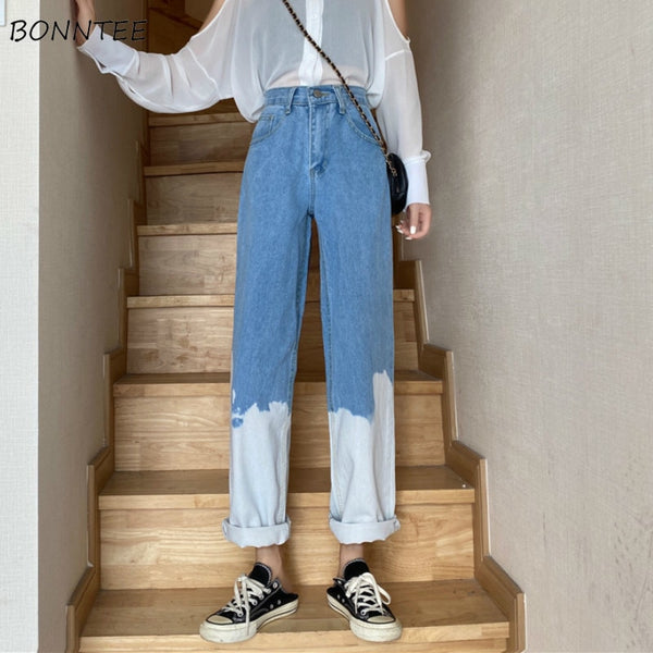 Straight Jeans Women Chic Panelled Colored Trendy Harajuku Teens High Waisted Jean All-match Basic Fall Ladies Streetwear