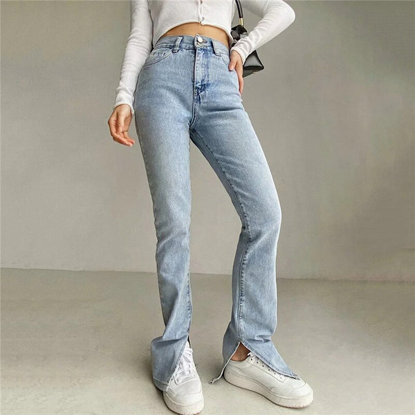 Straight Jeans for Women High Waist Classic Retro Sexy Washed Pants Blue Splits at Ankles slim Denim Long Pante 2022