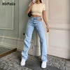 Straight Leg Jeans For Women High Waist Loose Fit Jeans Blue Wash Casual Denim Trousers 2022 Baggy Jeans Mom Pants New