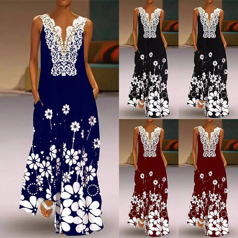 Straight Loose Maxi Summer Dress With Pocket Floor Length Lace Dress Sleeveless V Neck Floral Printed Sundress