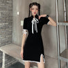 Strand Neck Elegant Short Sleeve Cheongsam Lace Dresses Chinese Style Empire Black Gtohic Lady Dress Crop Lace-up Ribbon Clothes