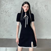 Strand Neck Elegant Short Sleeve Cheongsam Lace Dresses Chinese Style Empire Black Gtohic Lady Dress Crop Lace-up Ribbon Clothes