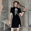 Strand Neck Elegant Short Sleeve Cheongsam Lace Dresses Chinese Style Empire Black Gtohic Lady Dress Crop Lace-up Ribbon Clothes