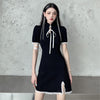 Strand Neck Elegant Short Sleeve Cheongsam Lace Dresses Chinese Style Empire Black Gtohic Lady Dress Crop Lace-up Ribbon Clothes