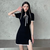 Strand Neck Elegant Short Sleeve Cheongsam Lace Dresses Chinese Style Empire Black Gtohic Lady Dress Crop Lace-up Ribbon Clothes