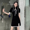 Strand Neck Elegant Short Sleeve Cheongsam Lace Dresses Chinese Style Empire Black Gtohic Lady Dress Crop Lace-up Ribbon Clothes
