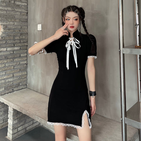 Strand Neck Elegant Short Sleeve Cheongsam Lace Dresses Chinese Style Empire Black Gtohic Lady Dress Crop Lace-up Ribbon Clothes
