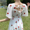 Strawberry Dress Kawaii Embroidery Puff Sleeve Dress Women Vintage A-line White Square Neck Beach Dresses 2022 Korean Clothes