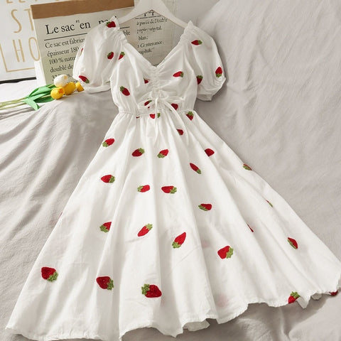 Strawberry Dress Kawaii Embroidery Puff Sleeve Dress Women Vintage A-line White Square Neck Beach Dresses 2022 Korean Clothes