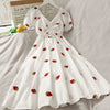 Strawberry Dress Kawaii Embroidery Puff Sleeve Dress Women Vintage A-line White Square Neck Beach Dresses 2022 Korean Clothes