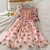 Strawberry Dress Women French Style Lace Chiffon Sweet Dress Casual Puff Sleeve Elegant Printed Kawaii Dress Women 2023 New
