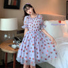 Strawberry Dress Women French Style Lace Chiffon Sweet Dress Casual Puff Sleeve Elegant Printed Kawaii Dress Women 2023 New