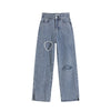 Street Ripped Heart Shaped Jeans Women Korean Harajuku Retro High Waist Split Loose Straight Wide Leg Trousers Female