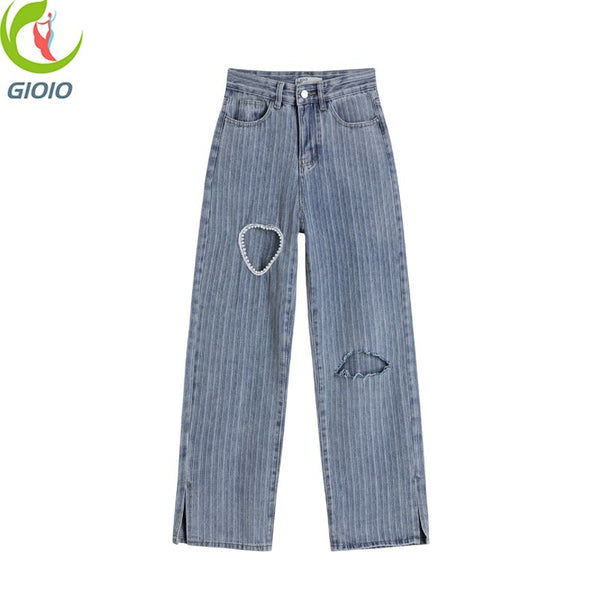 Street Ripped Heart Shaped Jeans Women Korean Harajuku Retro High Waist Split Loose Straight Wide Leg Trousers Female