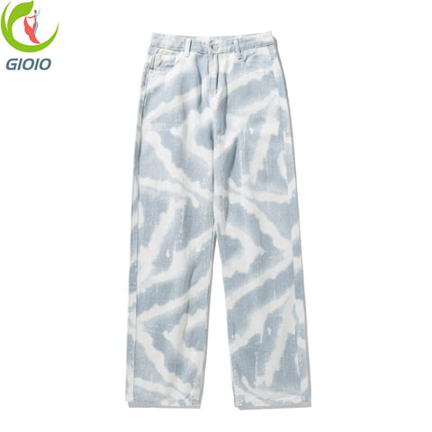 Street Tie Dye High Waist Jeans Women Autumn Style Korean Harajuku Splash Ink Straight Loose Wide Leg Jeans Female