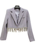 Street Heavy Drill Chain Tassel Lapel Padded Shoulder Long Sleeve Suit Jacket Outerwear 2023 Fall Winter Blazer Coat Women