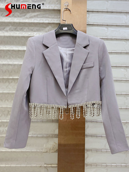 Street Heavy Drill Chain Tassel Lapel Padded Shoulder Long Sleeve Suit Jacket Outerwear 2023 Fall Winter Blazer Coat Women