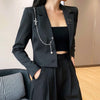 Street Punk Blazer Women Long Sleeve Pin Chain Suit Jacket Dark Black Goth Sexy Office Lady Loose Tumblr Clothes