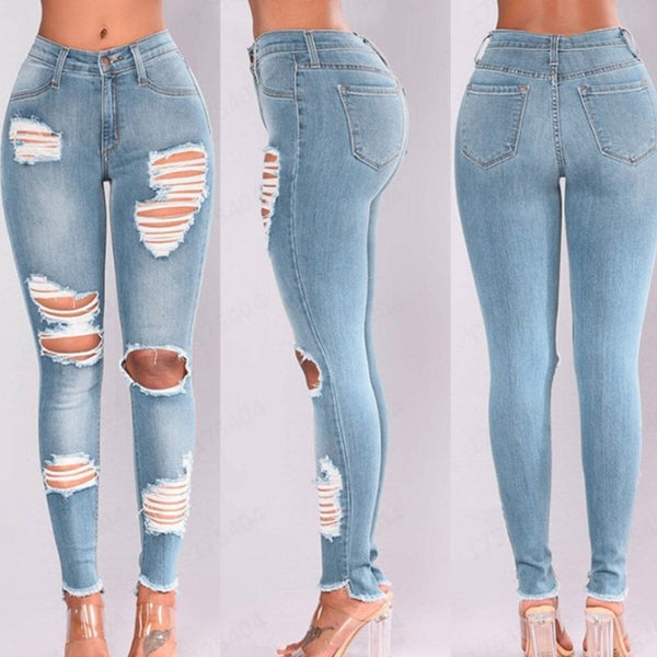 Street Style y2k Sexy Mid Rise Distressed Trouser Stretch Skinny Hole Denim Pencil Pants Blue Ripped Jeans for Women baggy jeans