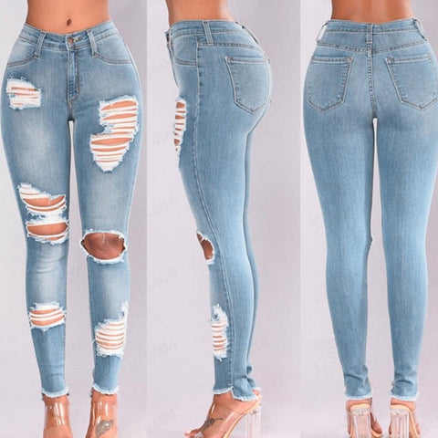 Street Style y2k Sexy Mid Rise Distressed Trouser Stretch Skinny Hole Denim Pencil Pants Blue Ripped Jeans for Women baggy jeans