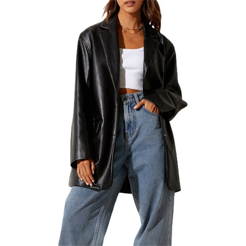 Street Vintage Style Boyfriend Oversized PU Leather Blazer Women Long Sleeve Solid Loose Suit Coat Lady Casual Jacket Outwear