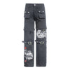 Street trend punk high waist jeans women 2022 Europe and America Y2K gothic print metal buckle tooling denim trousers