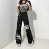 Street trend punk high waist jeans women 2022 Europe and America Y2K gothic print metal buckle tooling denim trousers
