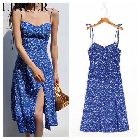 Streetwea Navy Floral Print Women Dress Split Vestidos Vintage Adjust Spaghetti Strap Midi Dress