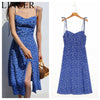 Streetwea Navy Floral Print Women Dress Split Vestidos Vintage Adjust Spaghetti Strap Midi Dress