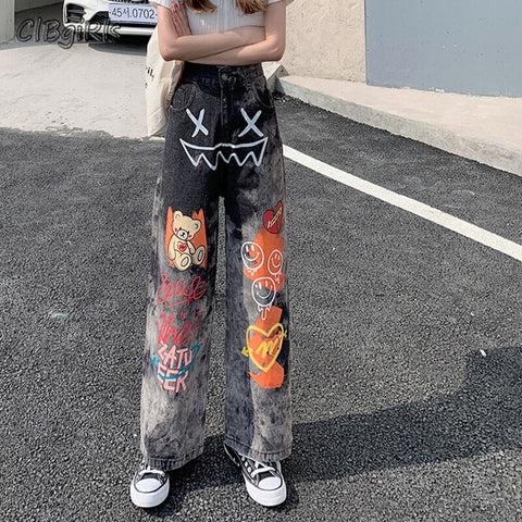 Streetwear Black Gradient Jeans Dark Academia High Waist Loose Comic Print Trousers Emo Alternative Grunge Stretch Denim Pants