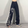 Streetwear Black Wash Jeans Women's 2022 High Waist Trendy Straight Wide Leg Skull Embroidery Denim Pants Halloween Clothes