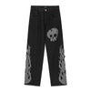 Streetwear Black Wash Jeans Women's 2022 High Waist Trendy Straight Wide Leg Skull Embroidery Denim Pants Halloween Clothes