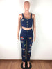 Streetwear Denim Tracksuit Spaghetti Strap Sleeveless Crop Tops and Letter Embroidery Jogger Pant Activewear Sport Two Piece Set
