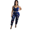 Streetwear Denim Tracksuit Spaghetti Strap Sleeveless Crop Tops and Letter Embroidery Jogger Pant Activewear Sport Two Piece Set