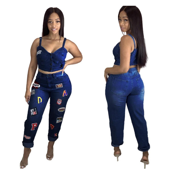 Streetwear Denim Tracksuit Spaghetti Strap Sleeveless Crop Tops and Letter Embroidery Jogger Pant Activewear Sport Two Piece Set